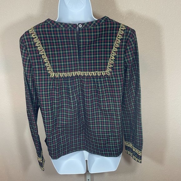J. Crew Plaid Peasant Blouse Gold Braid Yoke Holiday Embroidered Top XS - Picture 6 of 11